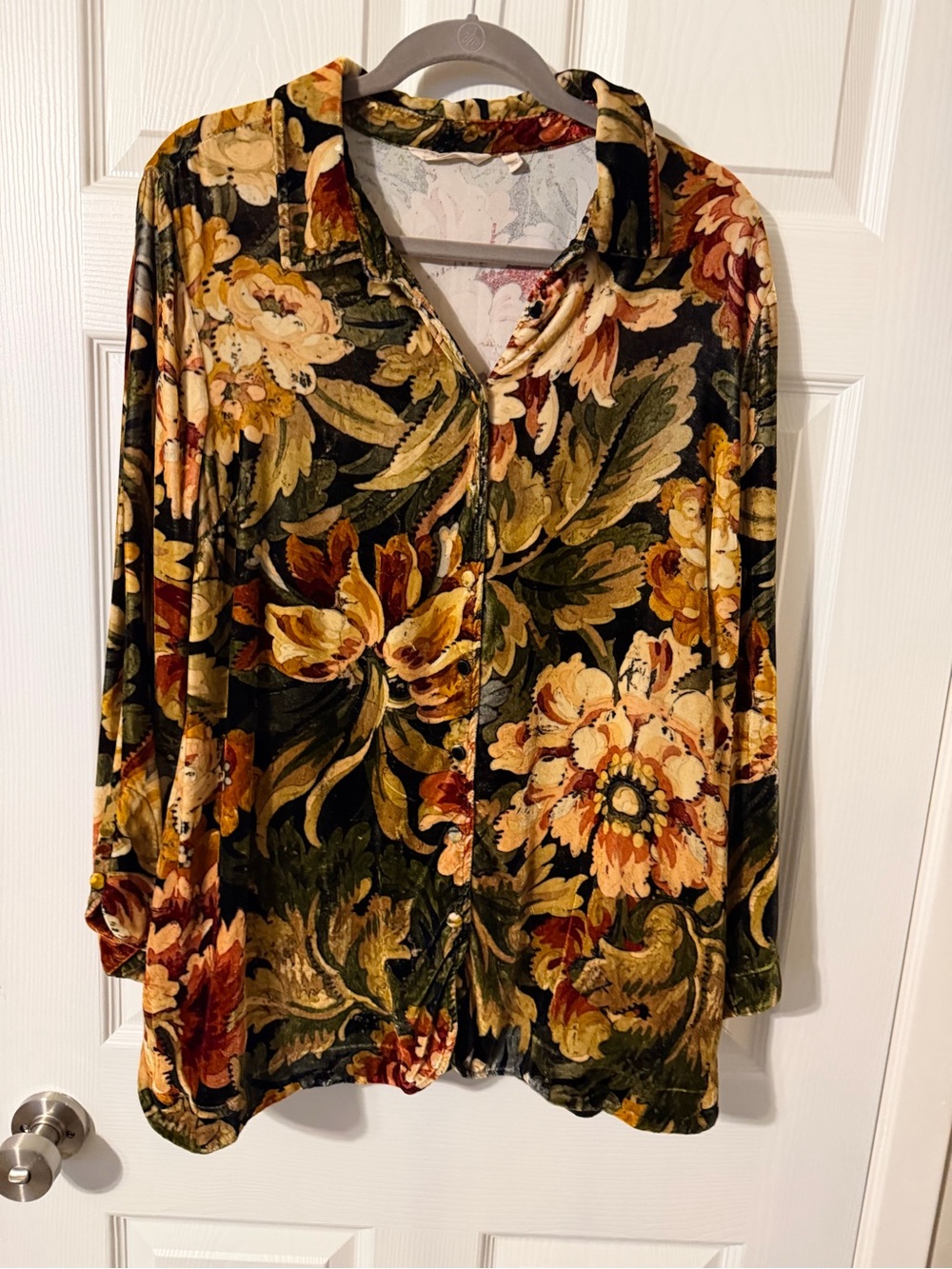 Soft Surroundings Velvet Floral Button-Down Shirt - Black, Gold, Green, Brown
